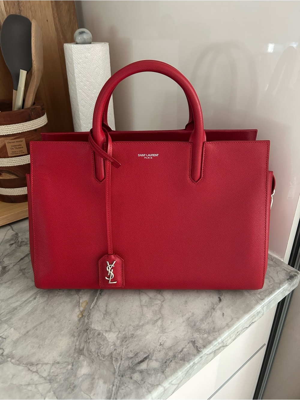 Saint Laurent Red Structured Satchel with YSL Tag